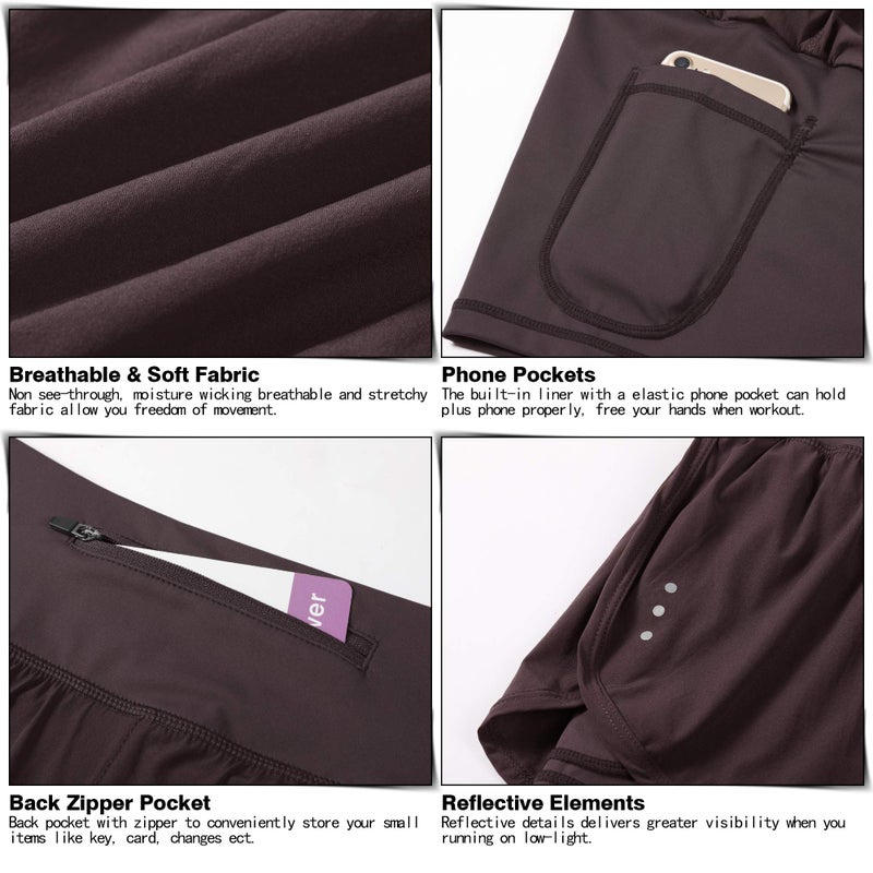 Soothfeel Women's 2 in 1 Running Shorts Workout Athletic Gym Yoga Shorts for Soothfeel Women with Phone Pockets Wine - Image 5